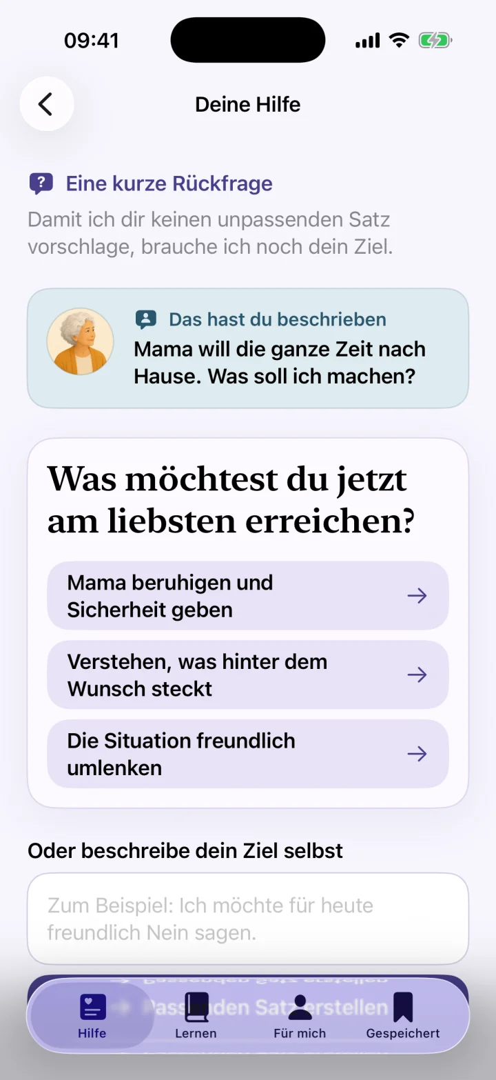 Deutsche Rückfrage zur gewünschten Hilfe in einer schwierigen Situation