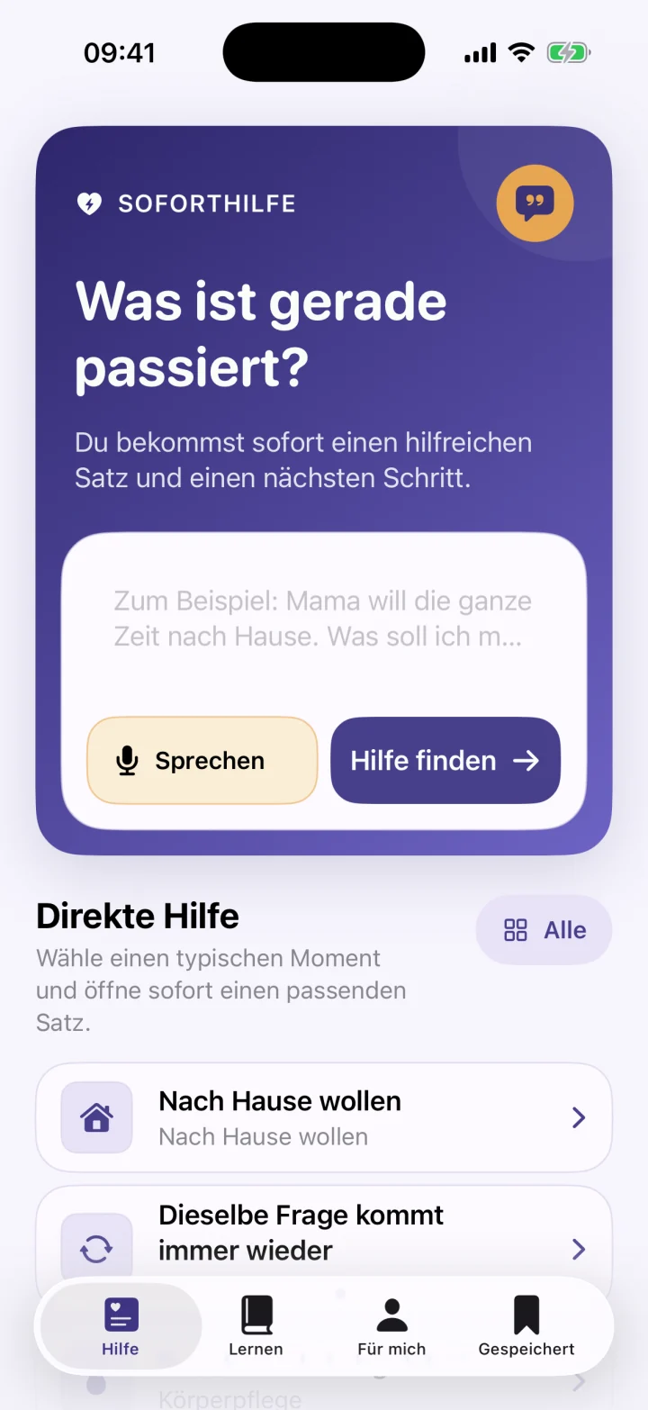 Deutsche Soforthilfe mit Eingabefeld und vorbereiteten Situationen