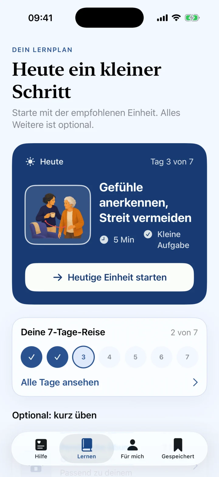 Deutscher persönlicher 7-Tage-Lernplan in Demenz Coach