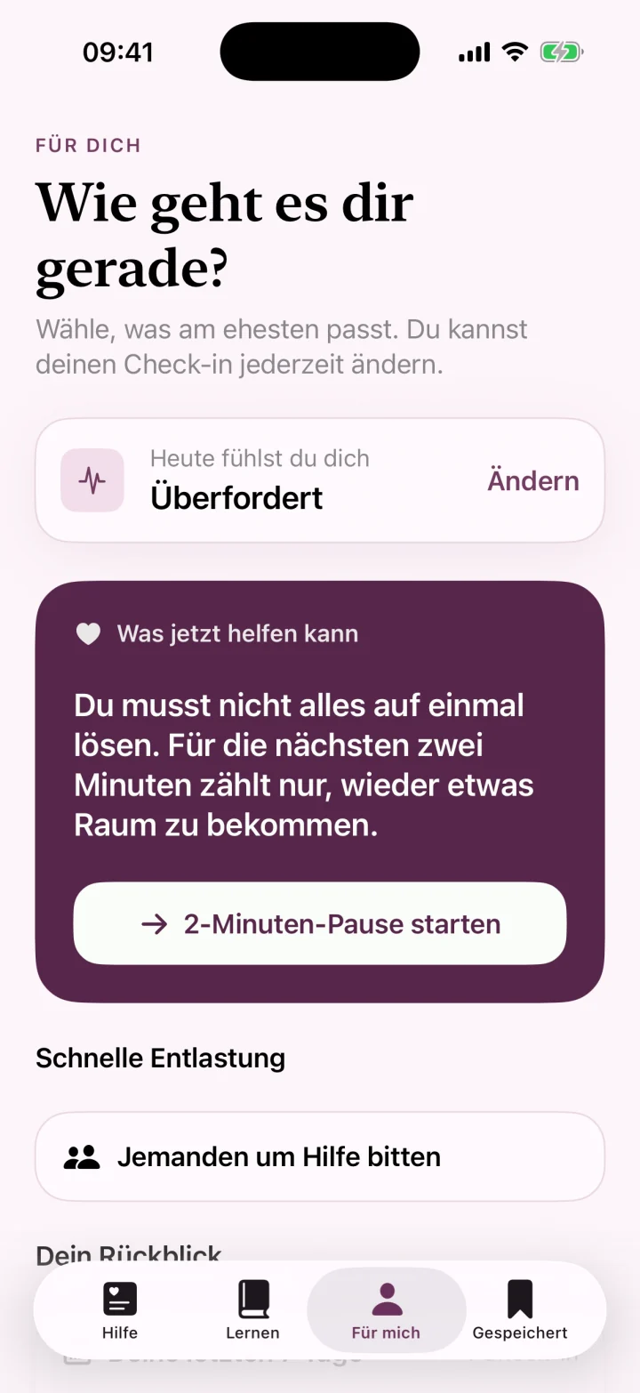 Deutscher Selbstfürsorge-Bereich mit kurzem Check-in und Entlastungsangeboten