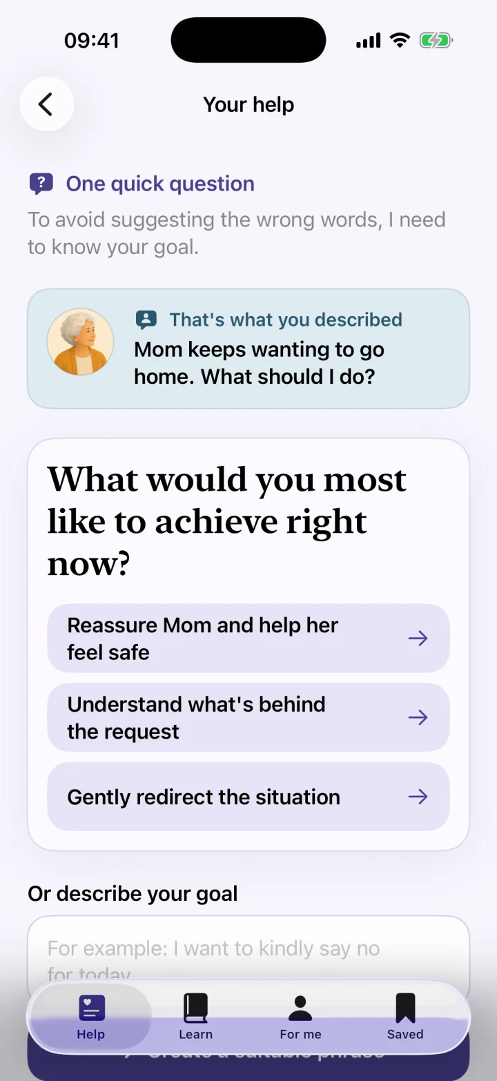 English clarification screen asking what the caregiver wants to achieve