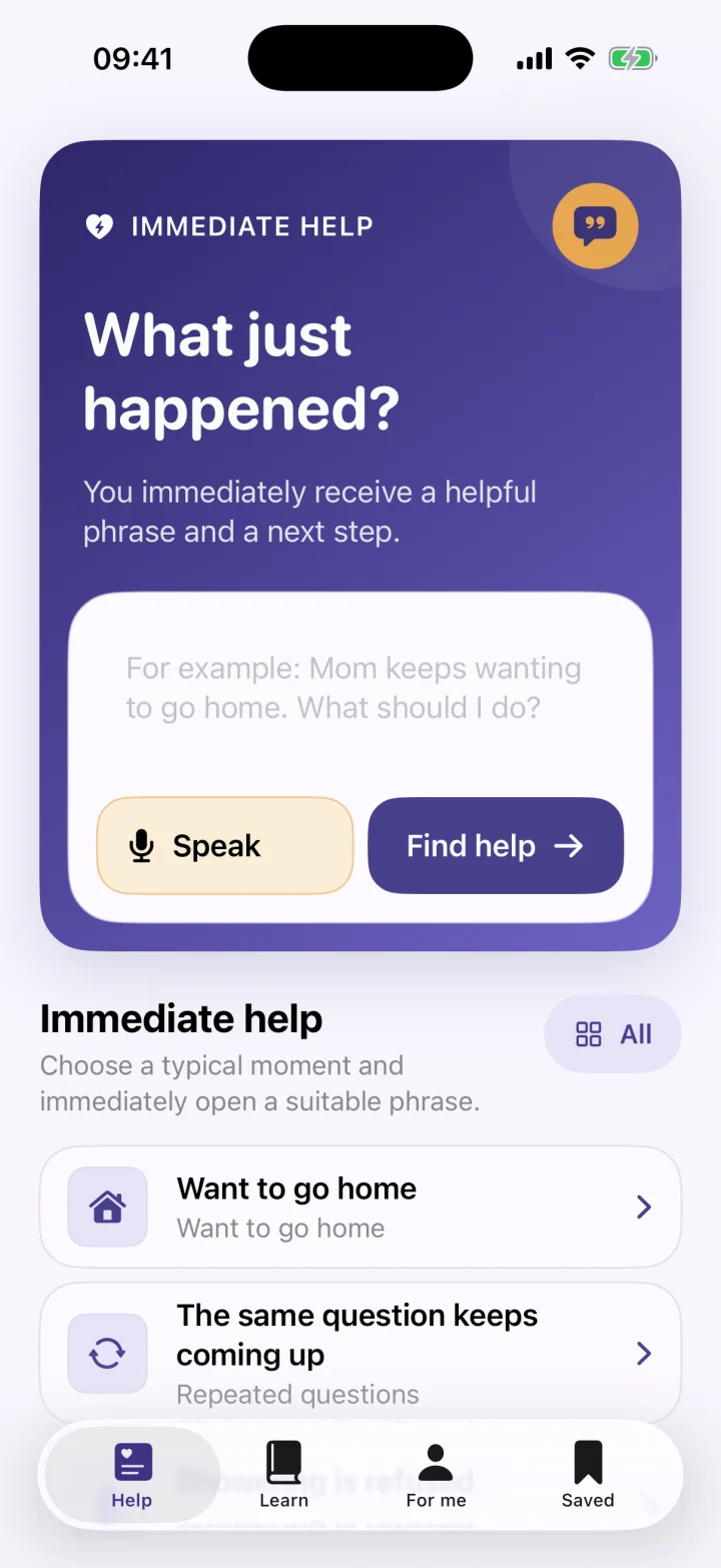 English quick-help screen with a situation field and prepared situations