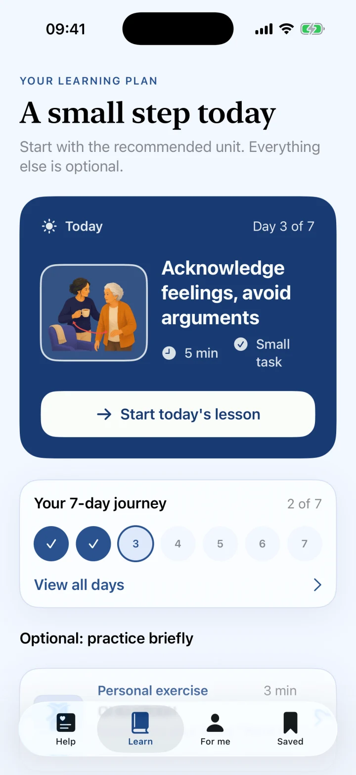 English personal seven-day learning plan in Dementia Coach