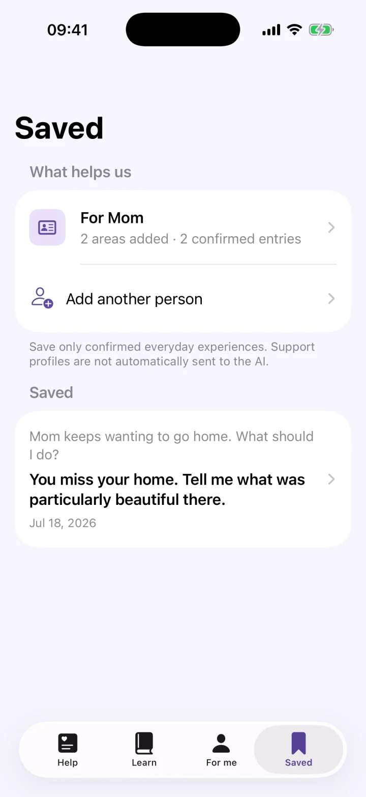 Real English app screenshot of the companion profile with confirmed experiences and a saved phrase