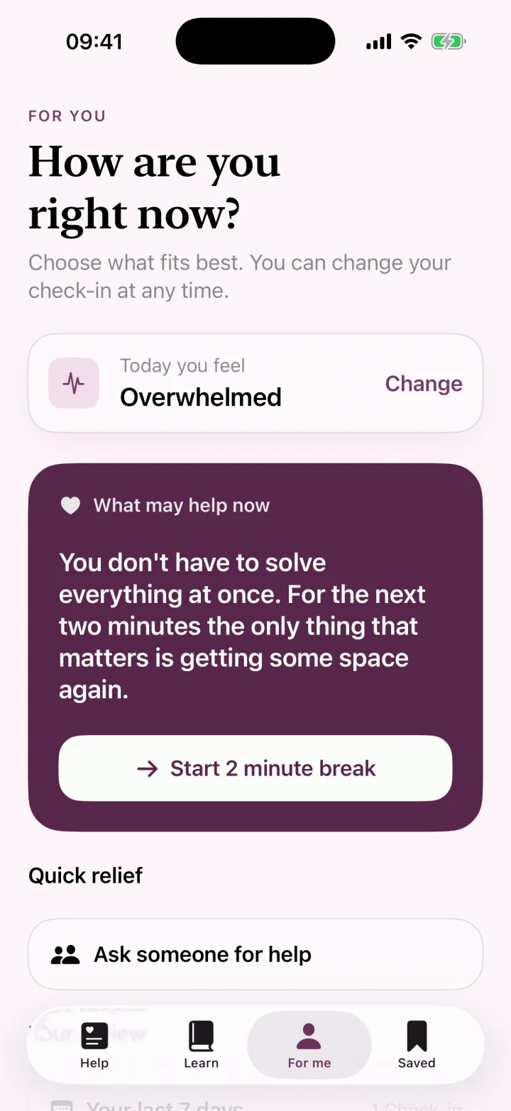 English self-care screen with a short check-in and support options