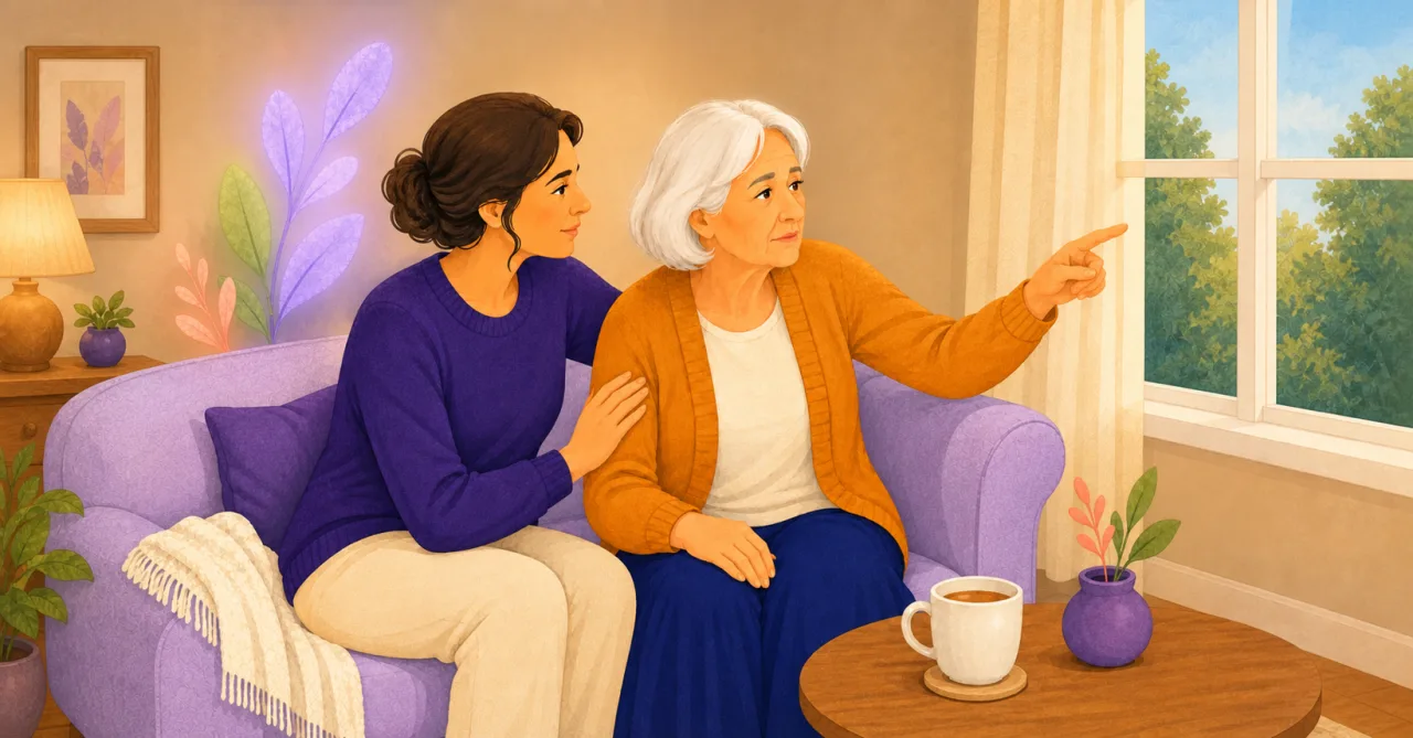 Warme Illustration einer Tochter, die ihre Mutter ruhig begleitet