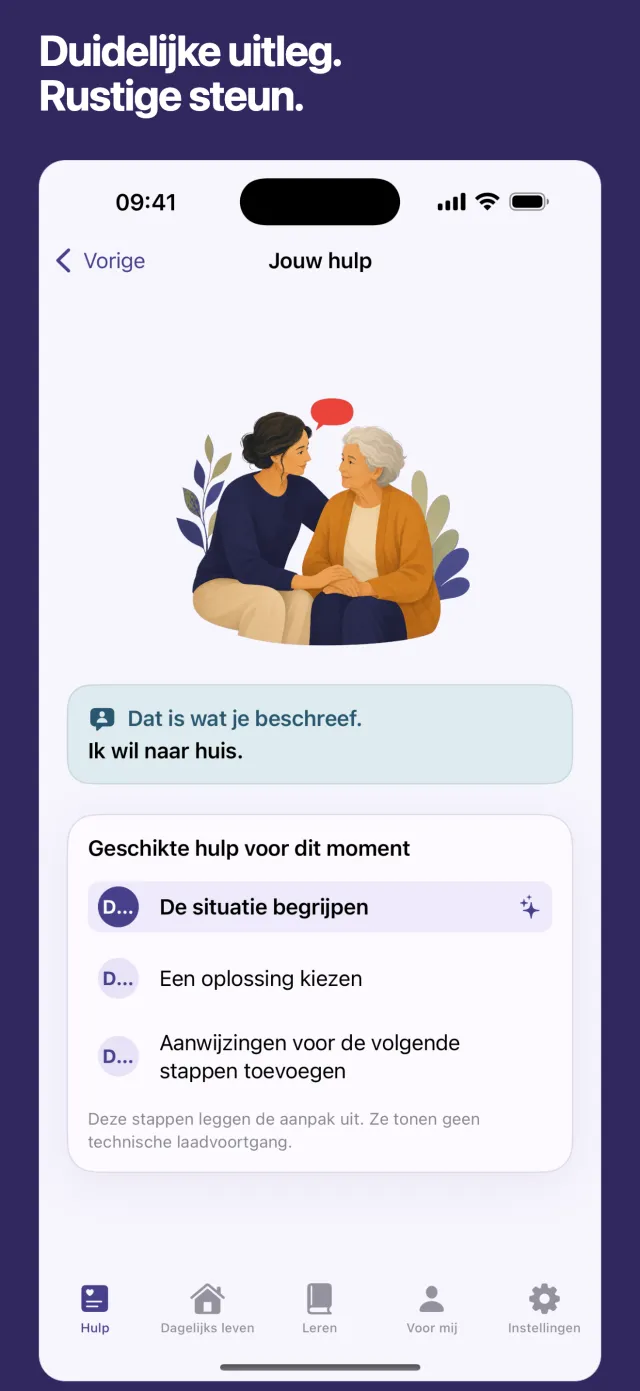 Duidelijke uitleg. Rustige steun.